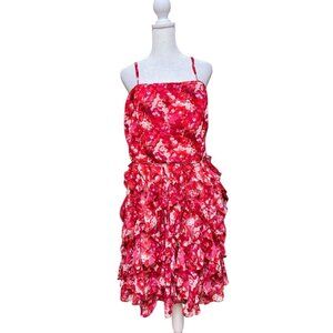 White House Black Market Red Floral Ruffle Dress Size 14 Valentines
